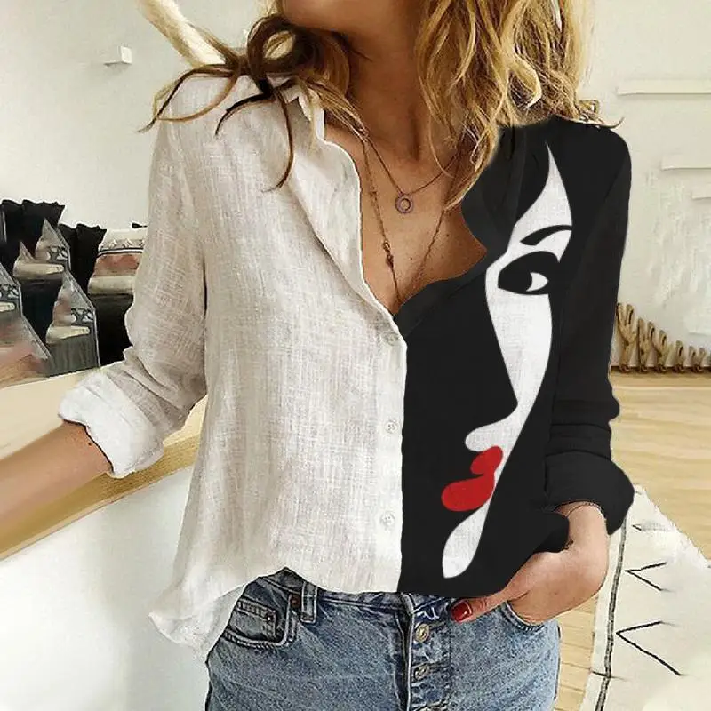 

2021 Autumn and Winter Fashion New Women's Jacket Casual Lapel Long-Sleeved Cardigan Tops Digital Printing Slim Shirt Female Y2k