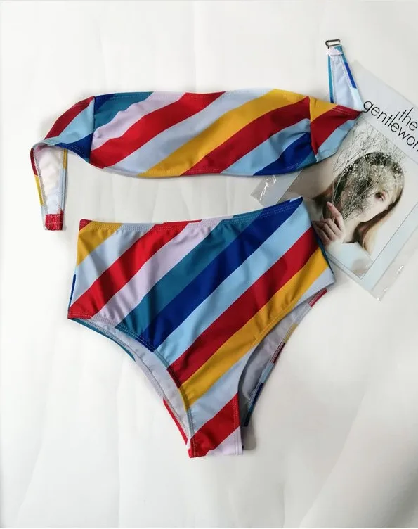 

Rainbow Bikini 2021 Women's Swimsuits Color Stripes Tube Up Shoulderless Bathing Suits Two Piece Hot Girl High Waist Bikini