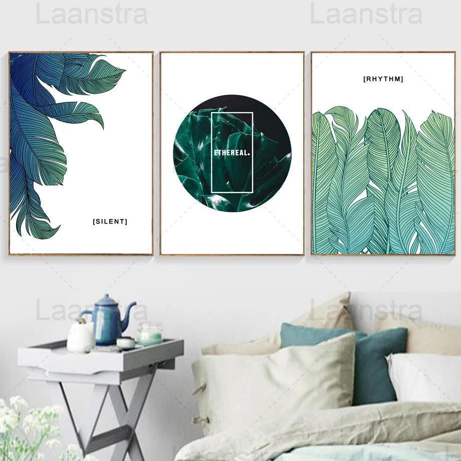 

Green Leaves Home Decorative Painting Plants Contracted Sitting Room Wall Canvas Posters Silence Ethereal Text Bedroom Prints