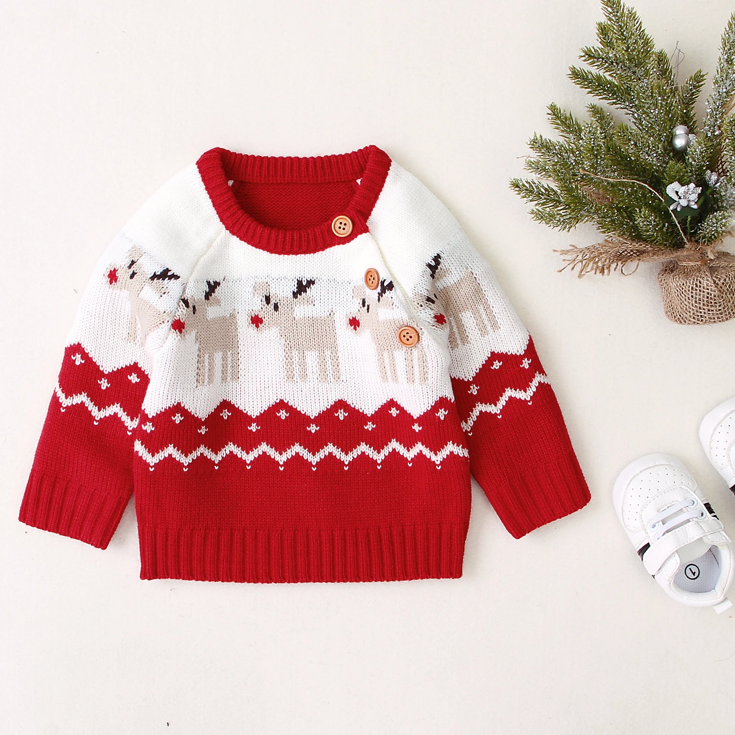 

Pudcoco Newborn Baby Girl Clothes Christmas Children's Sweater Round Neck Long Sleeve Loose Sweater with Elk Pattern For Winter
