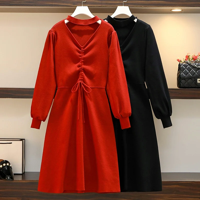 

Women Autumn Loose Long Dresses 2021 Large size Solid V Neck Knitted Sweater Dress Female Long Sleeve Casual Dress Robe Femme