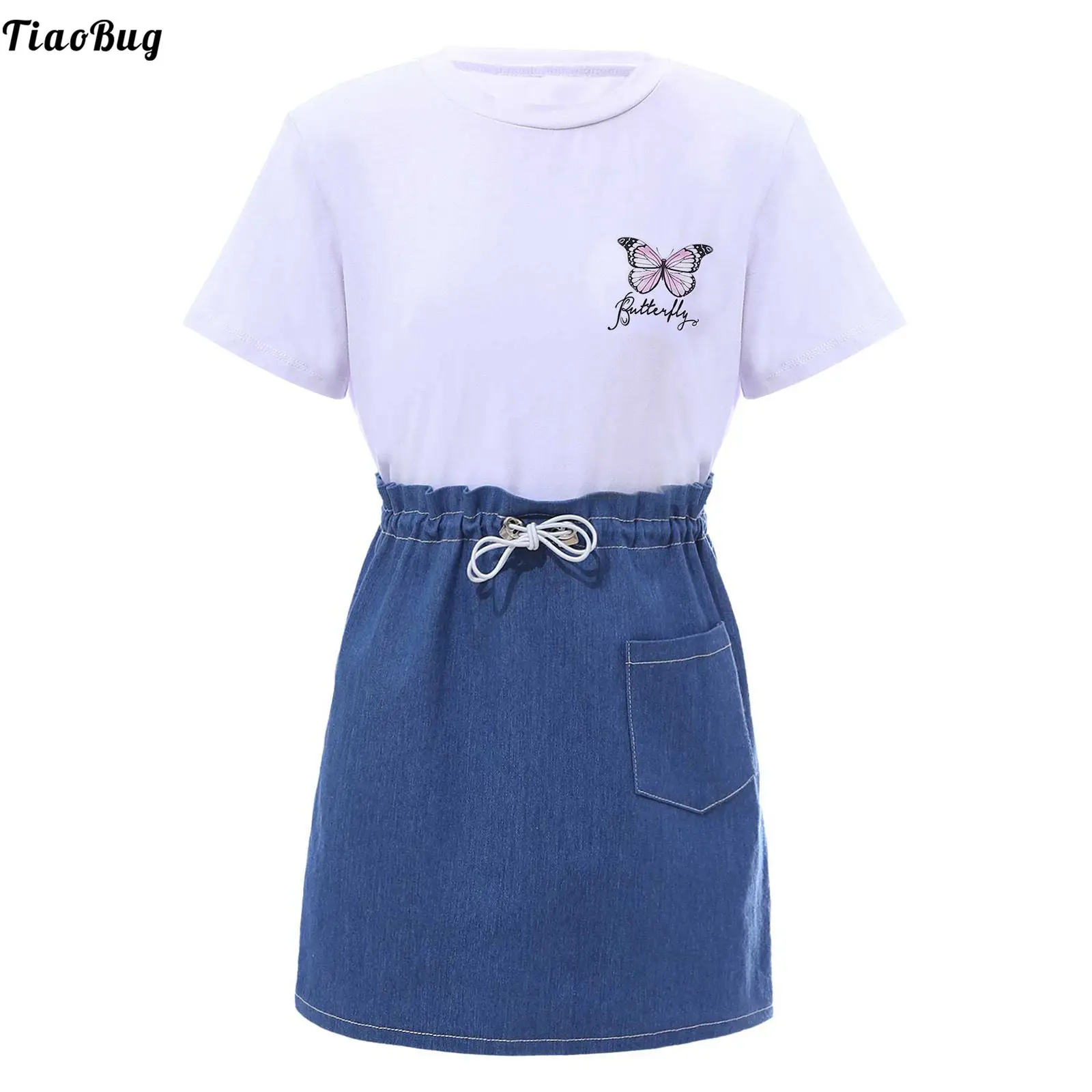 

TiaoBug Summer 2Pcs Kids Girls Casual Suit Round Neck Short Sleeves Butterfly Print T-Shirt And Skirt Set