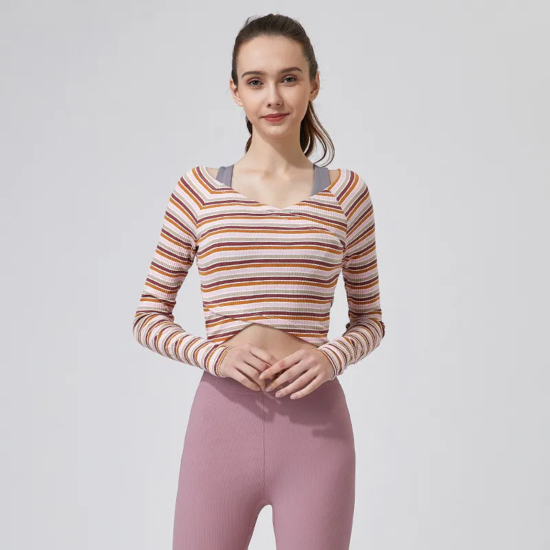 

Yoga Top Striped Long Sleeve Crop Top Women Long Sleeve Yoga Gym Crop Top Workout Top