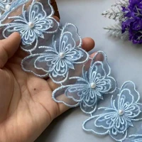 2 yards blue double layer butterfly lace trim ribbon embroidered fabric polyester pearl flower diy sewing craft for hat craft