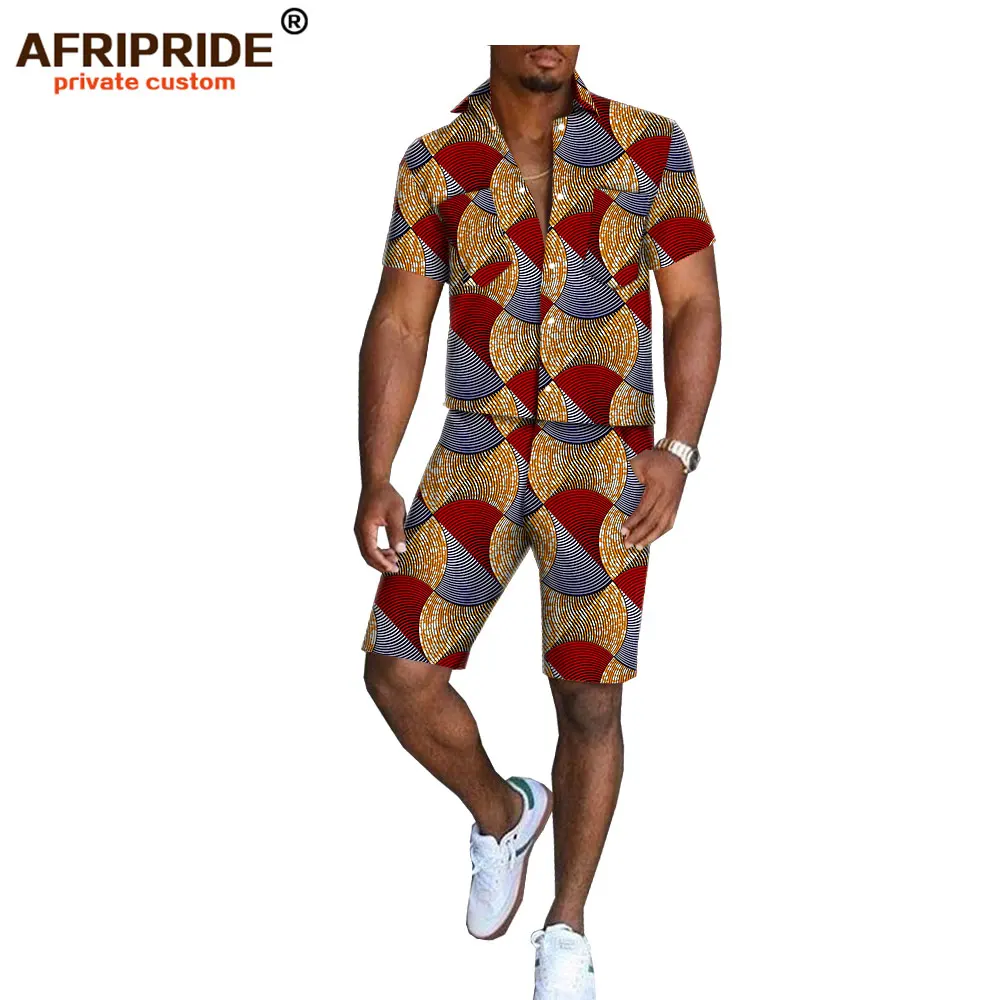 Африканский принт, летние шорты, набор для мужчин, AFRIPRIDE, короткий рукав, однобортный Топ+ шорты до колен, повседневный комплект A1816006