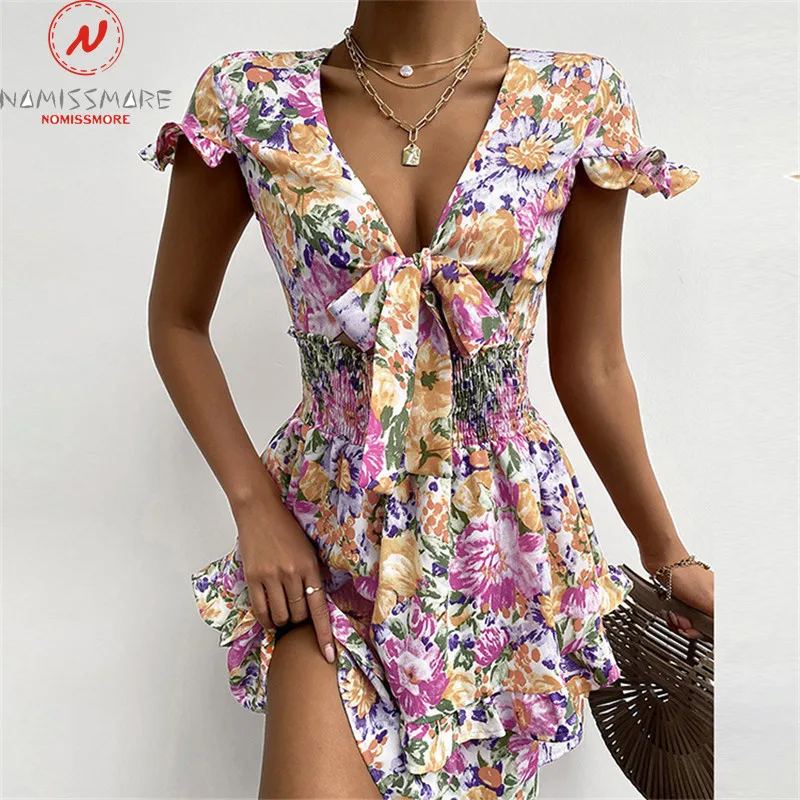 

Women Summer Flower Print Dress Irregular Shrinkage Design Bow Decor V-Neck Butterfly Short Sleeve High Waist Slim Mini Dress