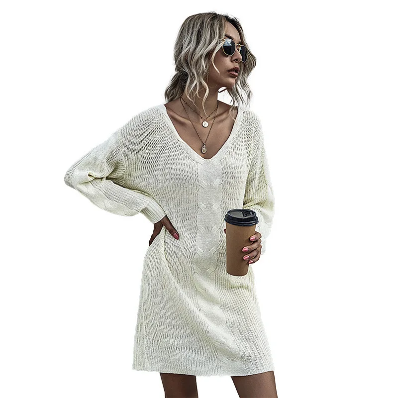 

AliExpress New Style Europe and America Foreign Trade WOMEN'S Dress Solid Color Linen Flower Color Long Sleeve V-neck Knit Sweat