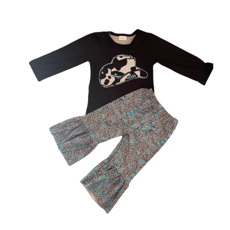 

Baby girls long sleeve cow design hat western print tee shirt top bell bottom pants children boutique outfits