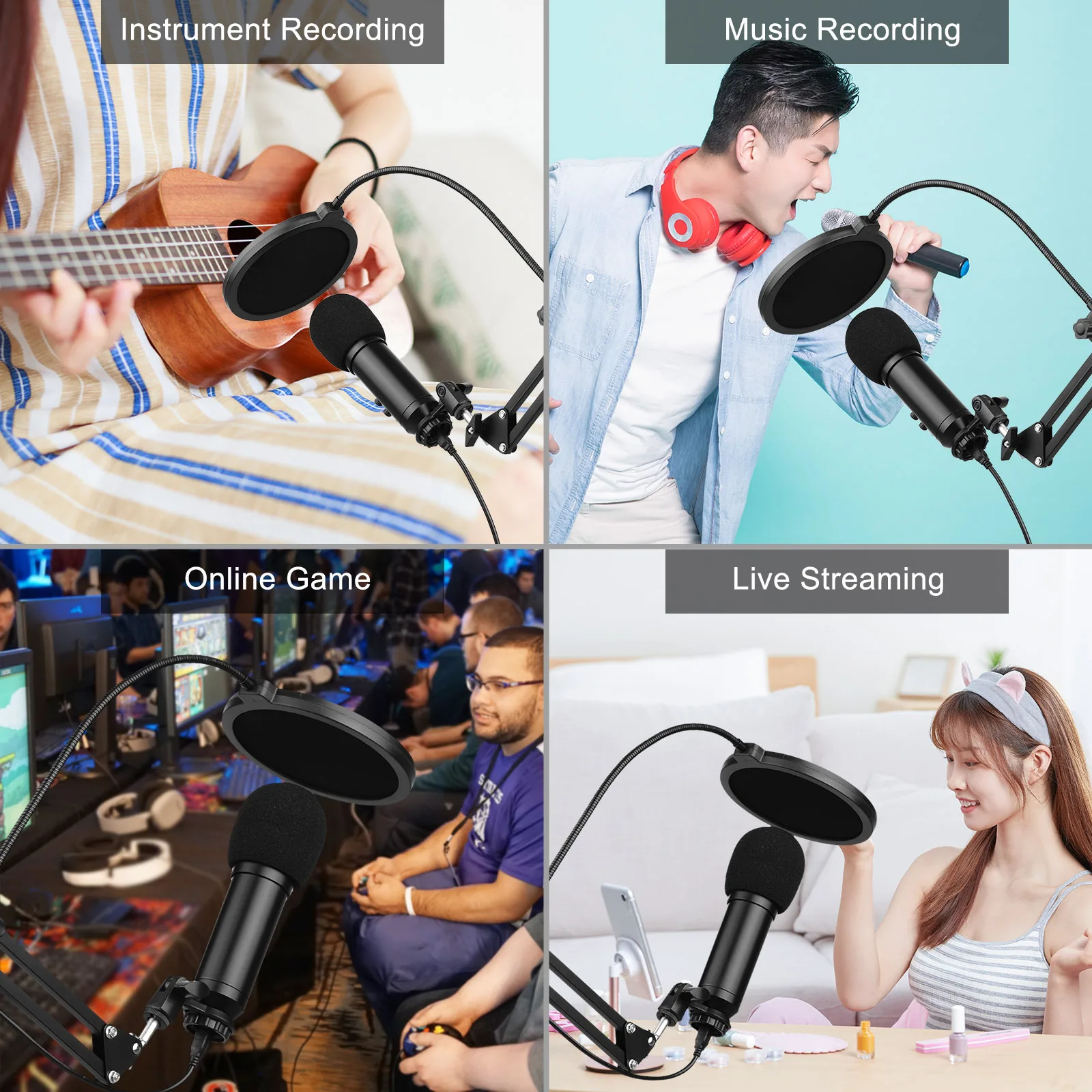 

Studio Recording USB Condenser Microphone Mic Kit with Adjustable Suspension Scissor Arm Stand Pop Filter Windscreen USB Cable
