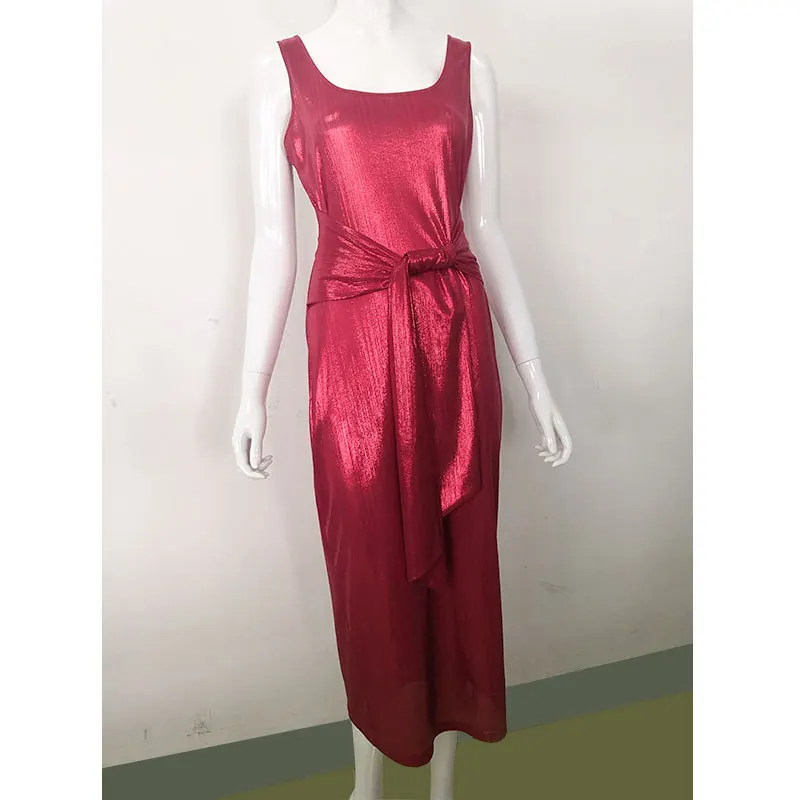 

Sexy Sleeveless Club Dress Bandage Knot Front Solid Gold Bronzing Party Dress Women Tied Wasit Maxi Long Dresses 2021 Robe Femme