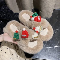 christmas hat wool slippers women wear new autumn and winter versatile open toe anti skid flat cotton slippers