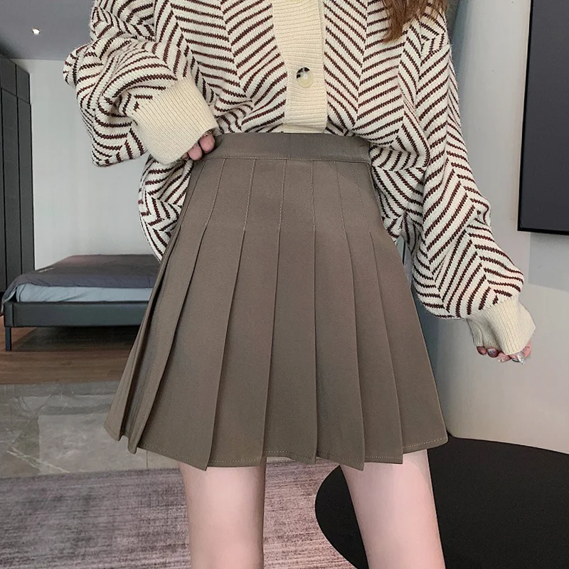 

Кофейная плиссированная юбка с высокой талией, женская короткая юбка в студенческом стиле на весну и осень и зиму, шикарная юбка, новинка 2021