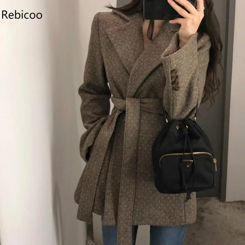 Women Autumn Winter Luxury Wool Blends Sash Waisted Slim Coats Elegant Plaid Printed OL Suits Vintage Chic Outfits | Женская одежда