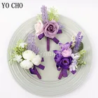 Фиолетовые шелковые розы, свадебная бутоньерка для шафера, бутоньерка, бутоньерка для мужчин, декор для костюма на свадьбу, для подружки невесты, браслет с цветами