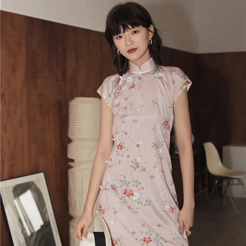 

New Chinese Style Retro Cheongsam Dress for Young Girl 2021 Summer Short Sleeve High Waist Plus Size Dress Female Women Clothing