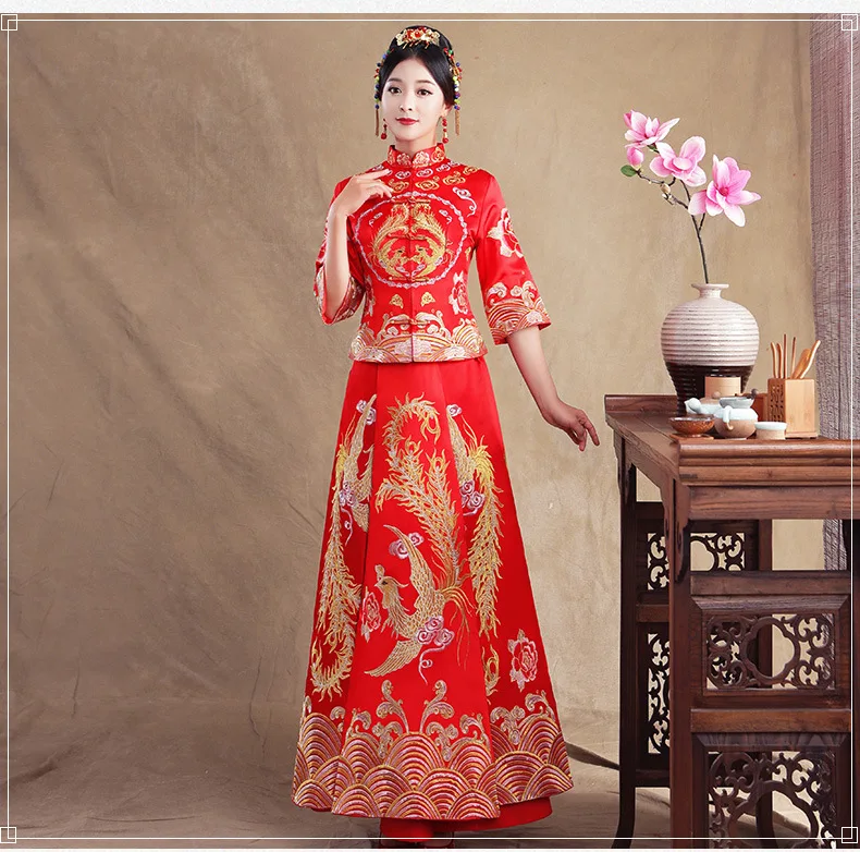 Летнее традиционное китайское свадебное платье с полурукавами и вышивкой в