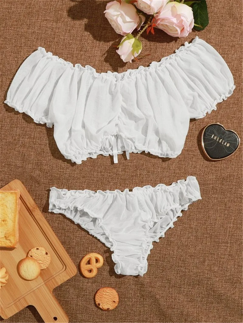 

2 Pcs Lady's Sexy Exotic Lingerie Set Solid Color Boat Neck Short Sleeve Lace Top Elastic Slim Panties Sleepwear