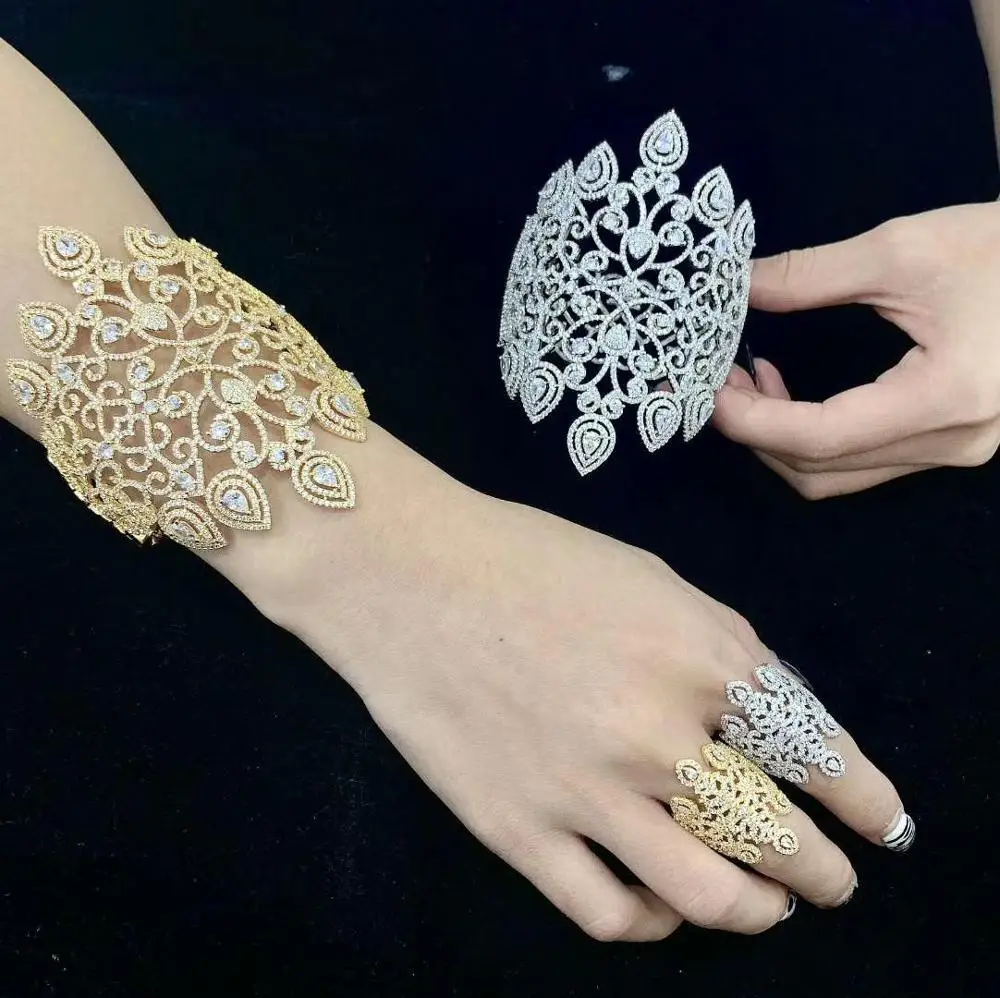 

Newness Luxury Lace Shape Super AAA Cubic Zirconia Bangle and Ring Jewelry Set For Women Wedding Engagement Gif