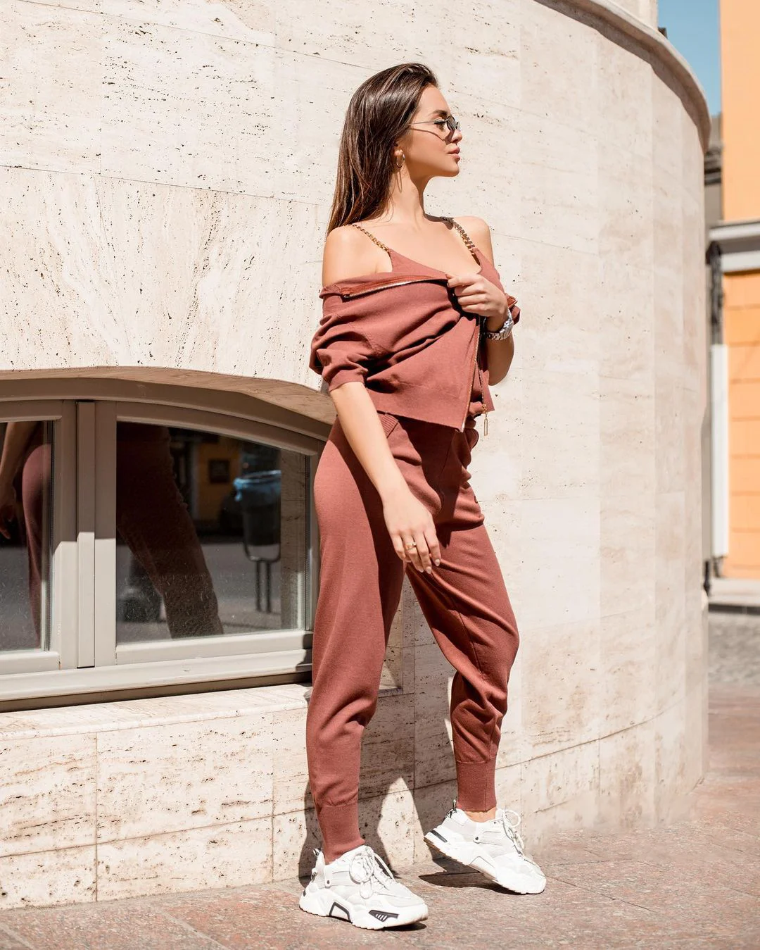 

Tracksuit Trousers 3 PCS Female Outfit Zipper Short Sleeve Knitted Cardigans Sweaters + Pants Sets + Chain Vest Woman Fashion 2