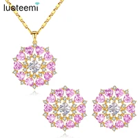 luoteemi trendy big pink flower necklace earring sets for women christmas girl party bijoux femme pink sets for wedding bridal