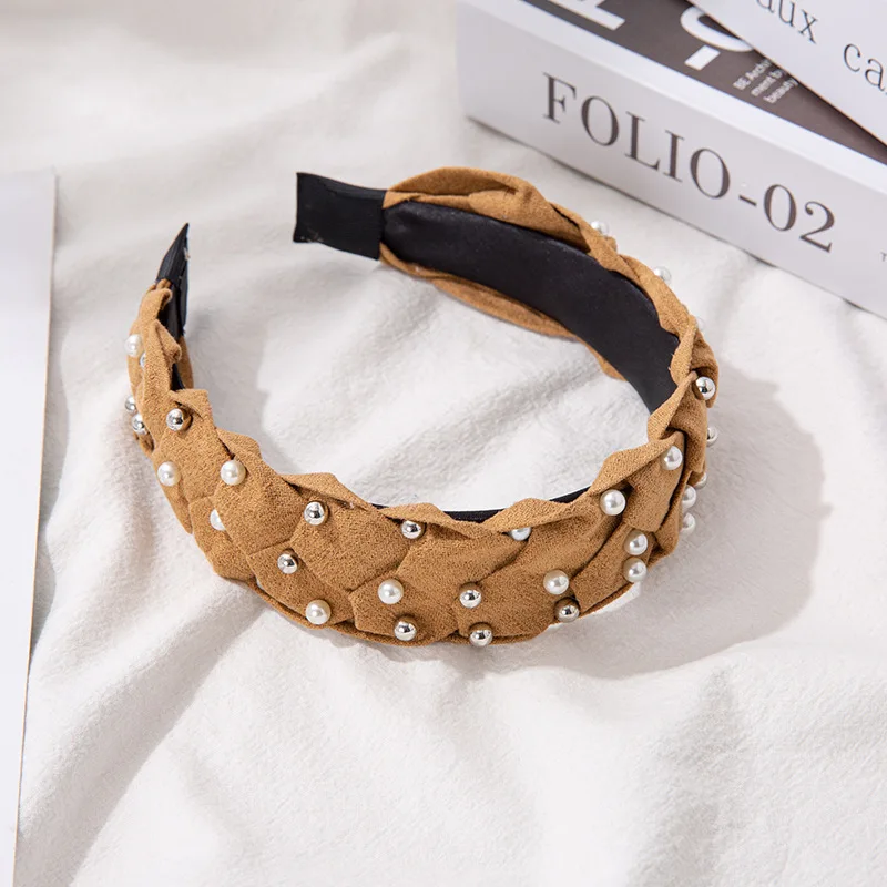 

QIANJI Retro fashion suede braided hair band, pearl rivet hairpin, wide side press hair band for ladies