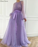 lavender purple evening dress a line beads new style puff sleeves illusion tulle simple prom dress vestidos largos formales