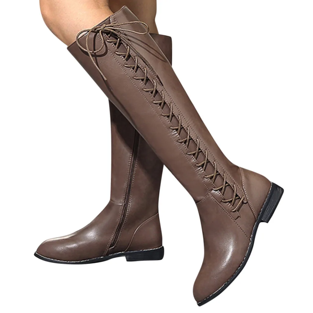 Женские кожаные сапоги на молнии с квадратным каблуком до колена круглым носком |