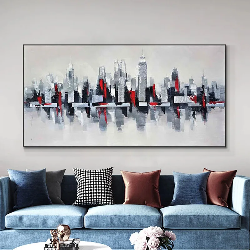 

100% Hand Painted Oil Painting Abstract Large City Building On Canvas Unframed Decorative Wall Art For Modern Living Room Decor