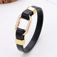 zinc alloy oval spring buckle men bracelet charm black genuine leather rope chain simple couple bracelet lovers jewelry gifts