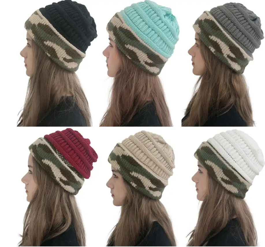 Женская вязаная шапка модная камуфляжная зимняя для женщин уличные теплые шапки