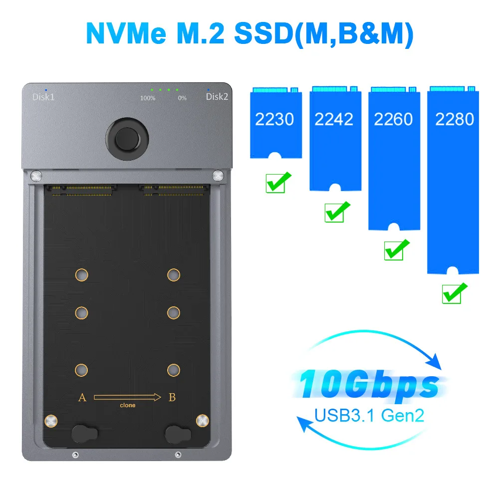New Nvme HDD Enclosure M.2 , Dual Hard Disk Positions, Support Offline Copy Of Solid State Hard disk box USB3.1 GEN 2（10Gbps)