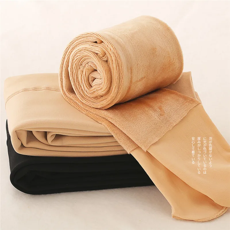 

Women Pantyhose Plush Thicken Leggings Winter High Waist Stockings Warming One Piece Pants Tights Skin Color Black
