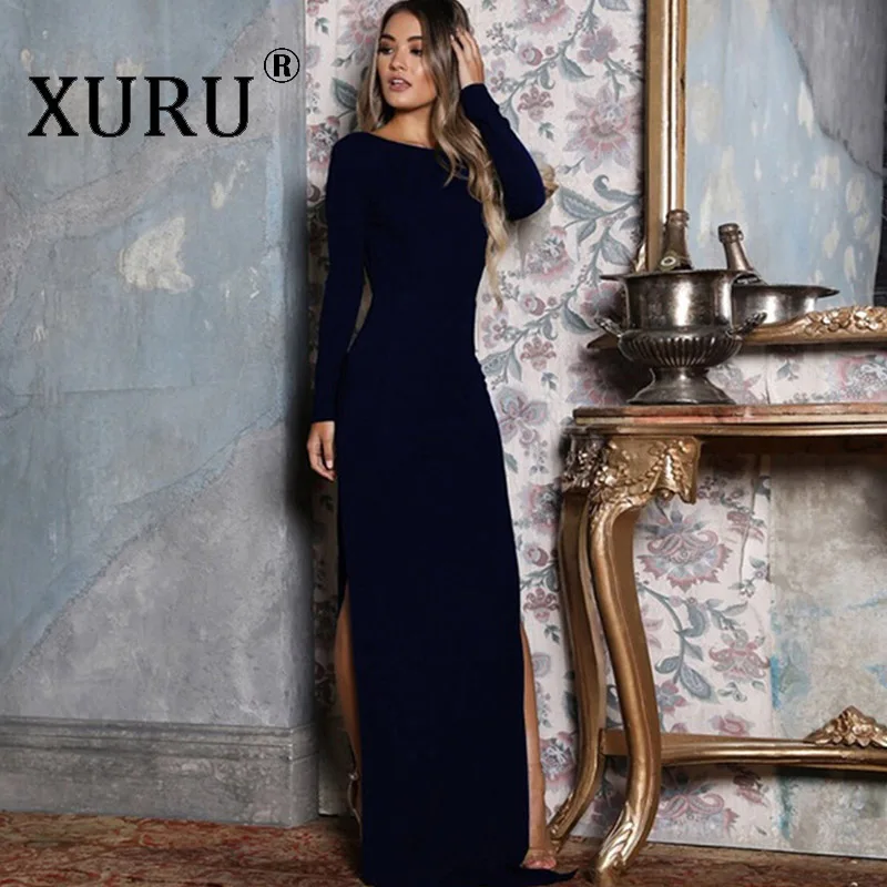 

XURU autumn Europe and America hot new women's dress solid color sexy backless split long dress