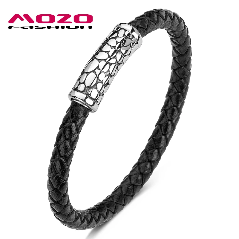 

MOZO FASHION Classic Men Bangles Black Genuine Leather Rope Braided Charm Bracelet Simple Style Crack Women Jewelry