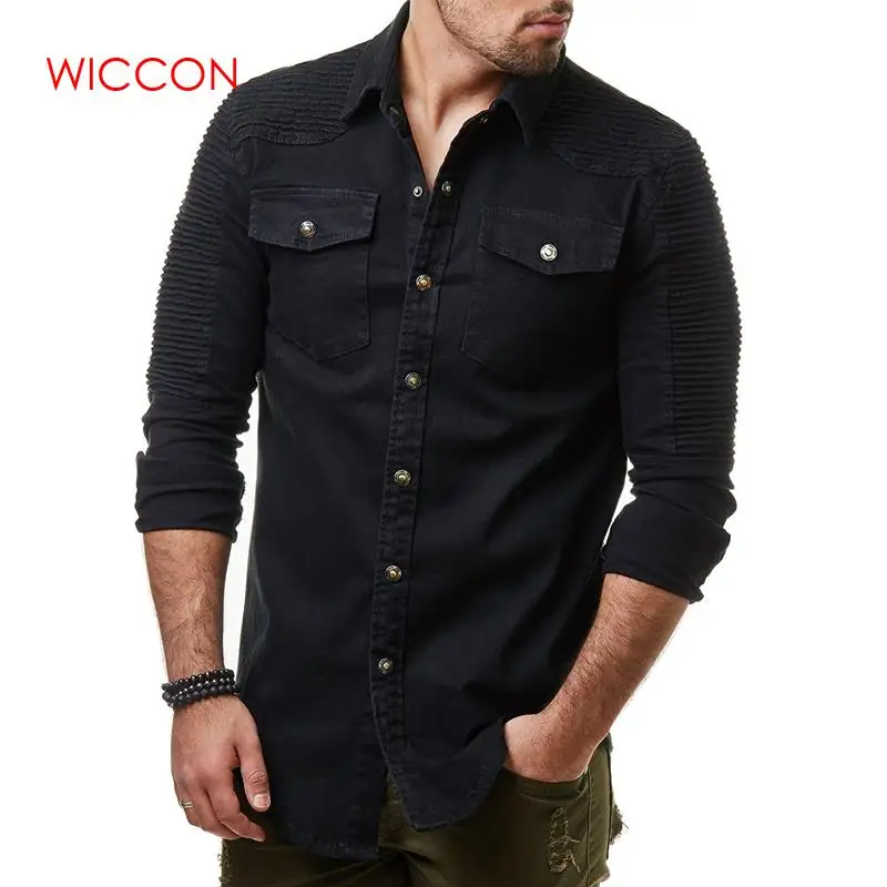 Рубашка мужская с карманами и длинным рукавом модная повседневная приталенная