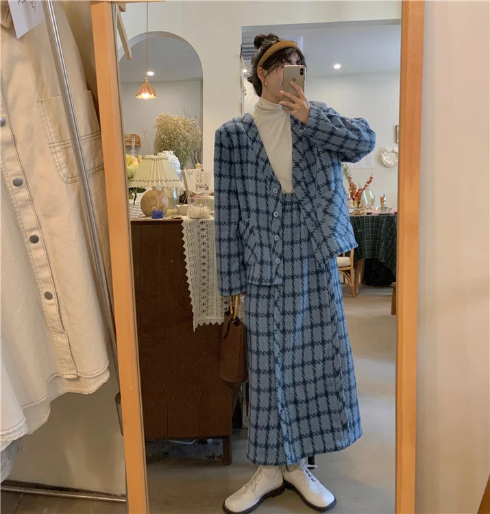 Женский шерстяной костюм в клетку комплект из двух предметов с юбкой и высокой