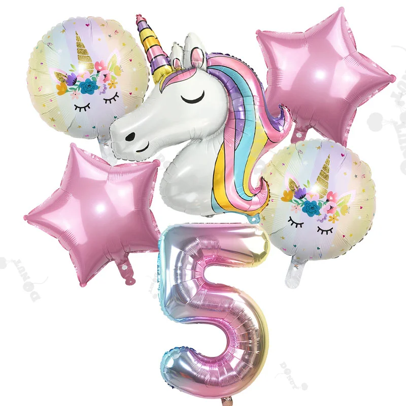

6pcs Rainbow Unicorn Balloon 32 inch Number Foil Balloons 1st Kids Unicorn Theme Birthday Party Decorations Baby Shower Globos B