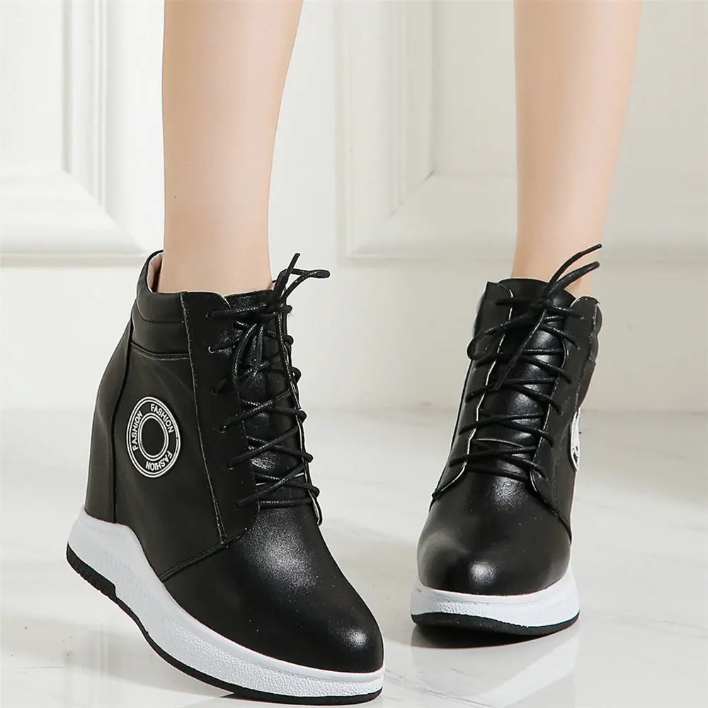 

Plus Size Pumps Women Lace Up Genuine Leather Wedges High Heel Motorcycle Boots Female Round Toe Fashion Sneakers Casual Shoes