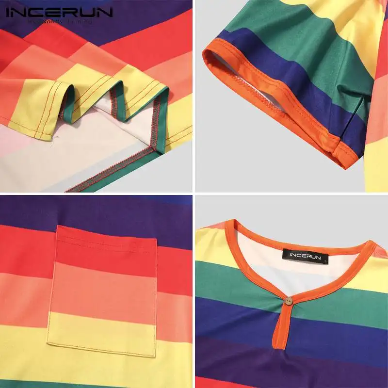 

INCERUN Men Robes Colorful Striped O Neck Short Sleeve Homewear Cozy Leisure Sleepwear Summer Mens Bathrobes Nightgown S-3XL