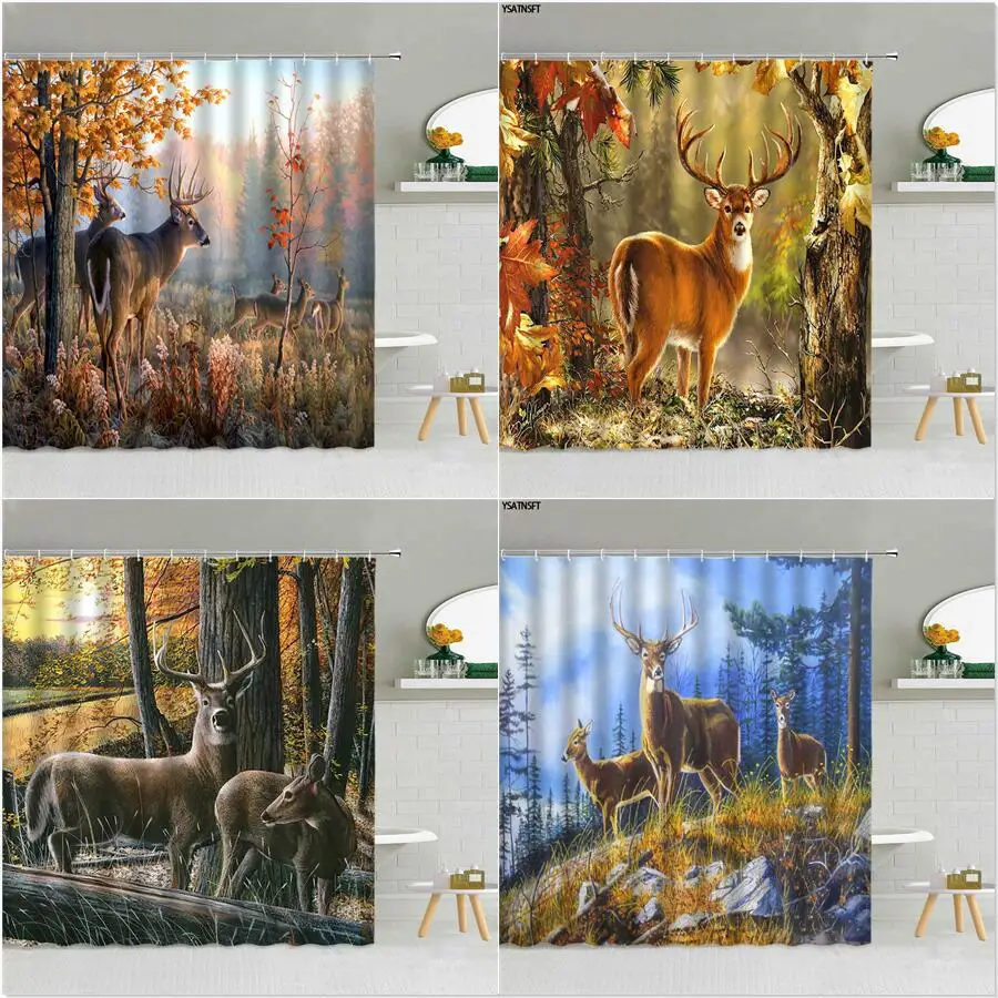 

Oil Painting Landscape Shower Curtain Forest Wild Animals Elk Lawn Creek Fabric Bathroom Supplies Hanging Curtains Home Decor
