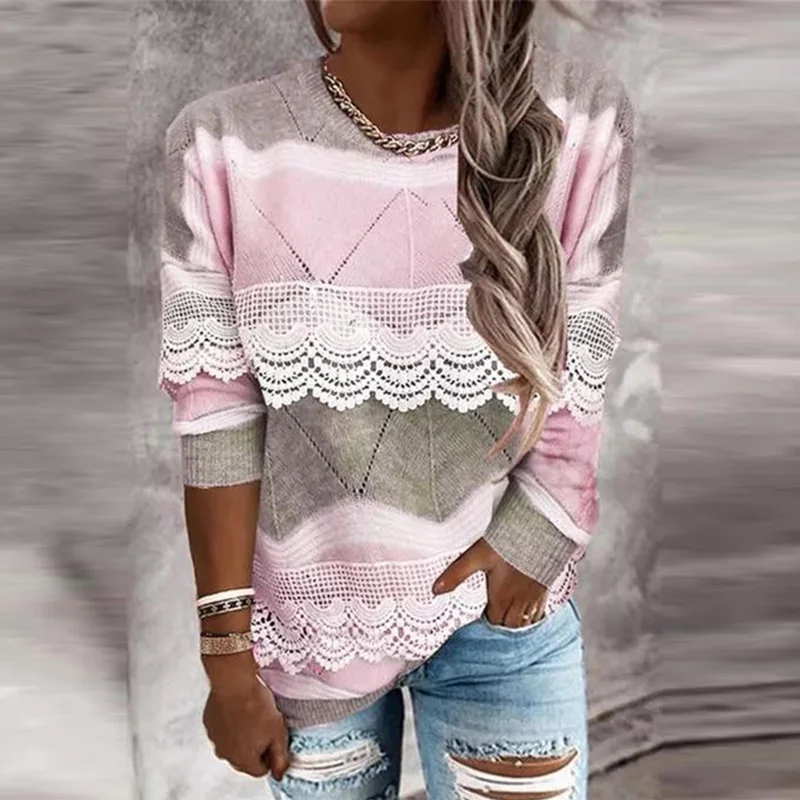 

Women Casual Elegant Blouse 2021 Autumn Fashion Long-sleeved O-neck Print Patchwork Lace Ladies Shirt Vintage Loose Street Tops