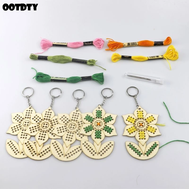 Деревянный брелок вышивка крестом Подсолнух с шерстяной нитью Сделай Сам Набор