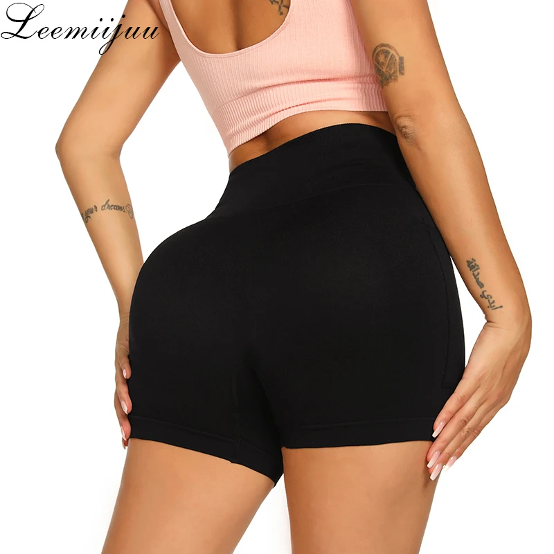

LEEMIIJUU Slim Fit High Waist Yoga Sport Shorts Hip Push Up Women Plain Fitness Running Shorts Tummy Control Workout Gym Shorts