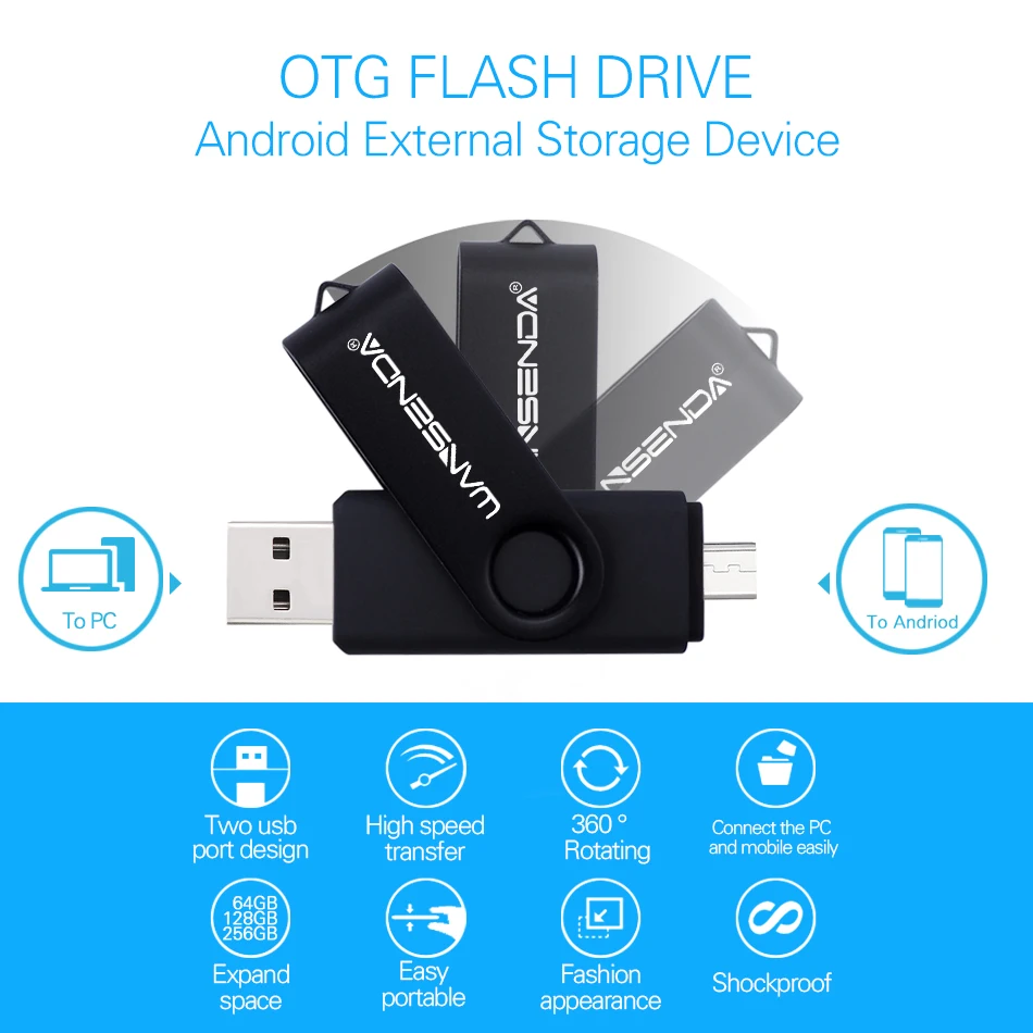 WANSENDA Android OTG USB флеш-накопитель 128 ГБ высокоскоростной флеш-накопитель 16 ГБ 32 ГБ 64 ГБ 256 ГБ флеш-накопитель 2 в 1 микро USB флеш-накопитель
