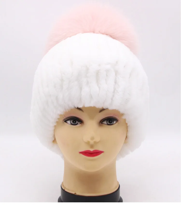Rex rabbit fur hat female winter fox fur ball thick warm knitted earmuff wool cap