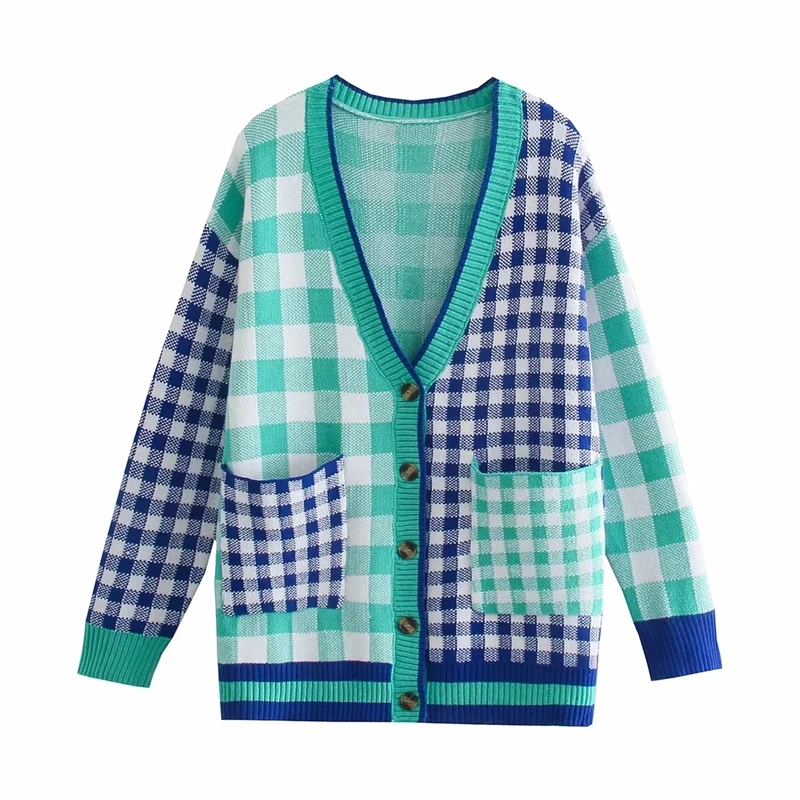

Woman Casual Green Plaid V Neck Knitted Cardigan 2021 Autumn Vintage Female Loose Patchwork Knitwear Ladies Oversized Cardigans