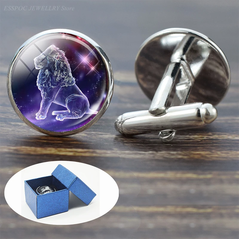 

12 Constellations Cufflinks for Men Cufflink Set Glass Jewelry Wedding Zodiac Signs Suit Shirt Cuff Links Man Accessories