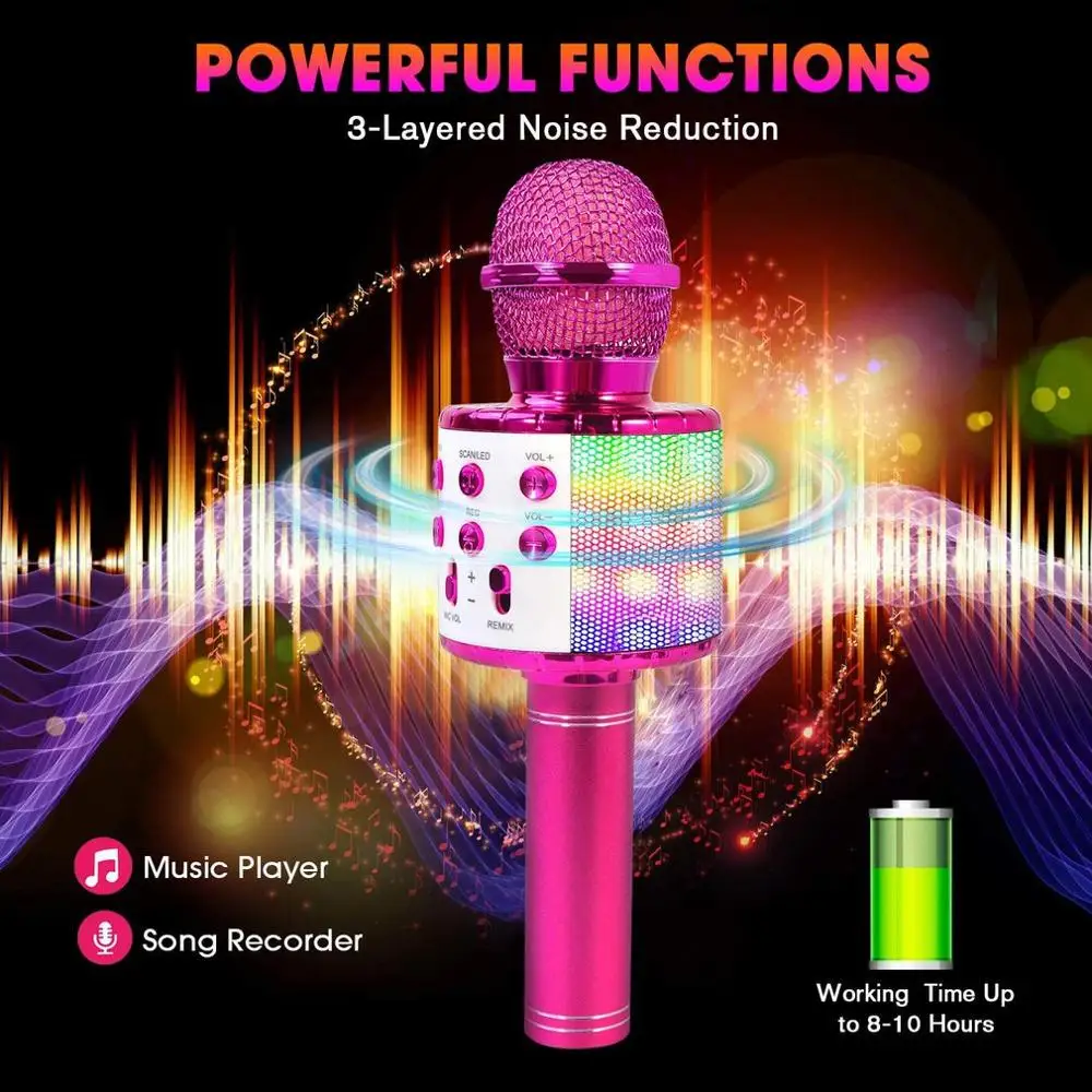 

Wireless Karaoke Microphone Bluetooth Handheld Portable Speaker Home KTV Player with Dancing LED Lights Record Function for Kids
