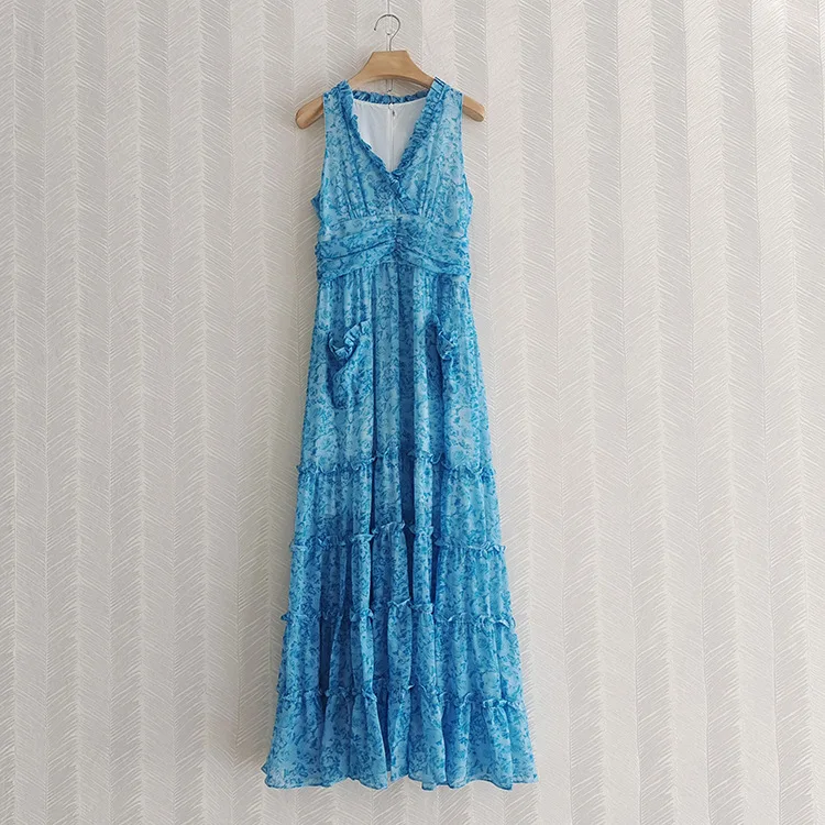 Sexy V-Neck Long Dress 2022 Spring Summer Casual Beach Women Charming Rose Floral Print Ruffle Deco Sleeveless Blue Maxi Dress