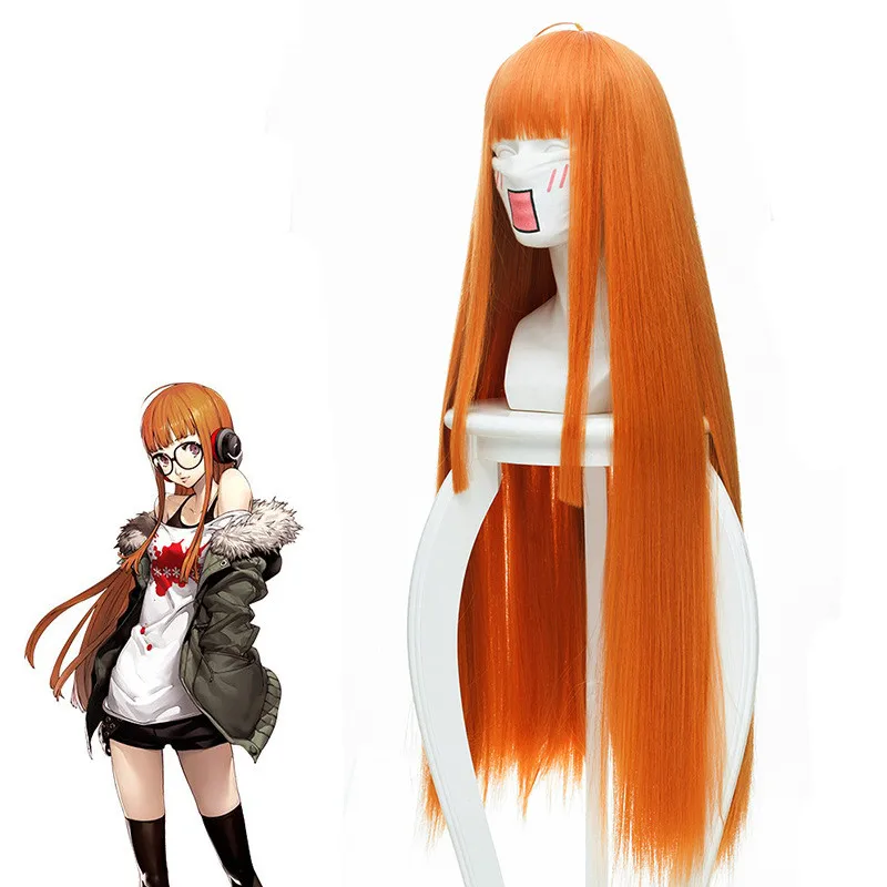 Оранжевый длинный прямой парик Persona 5 Futaba Sakura для косплея термостойкие